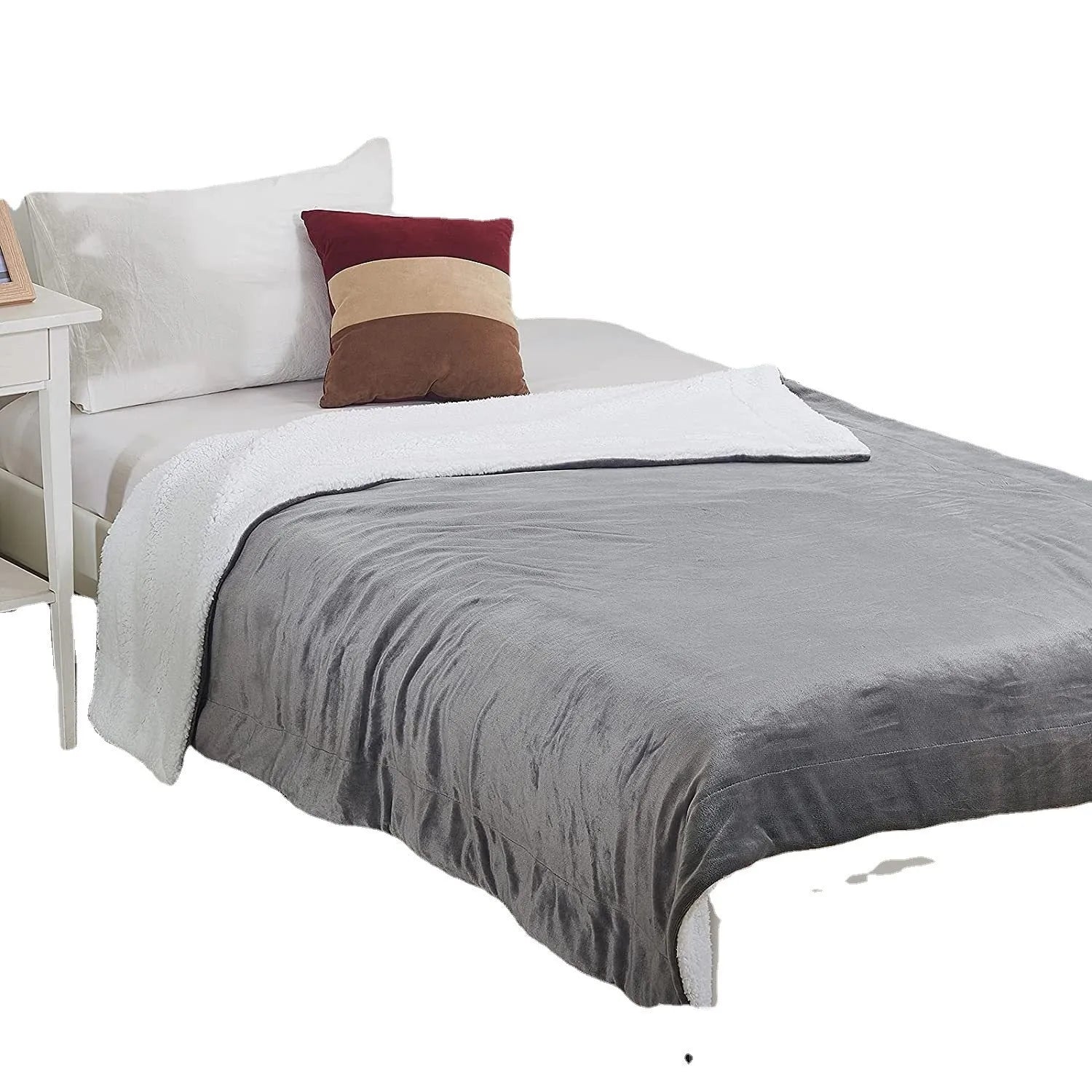 Grey and white flannel USB electric heating blanket showing power cord and control unit.