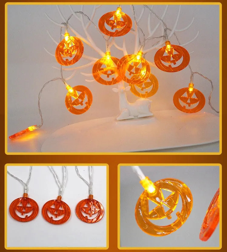 Halloween LED string lights with pumpkin, bat and ghost decorations showing colour changing illumination