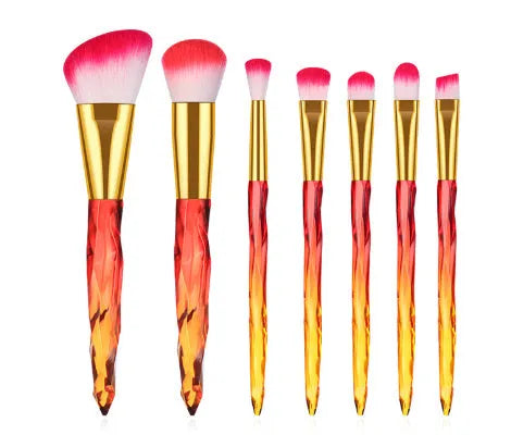 Ten crystal-handle foundation brushes with artificial fibre bristles in black, blue, red, and yellow colour options