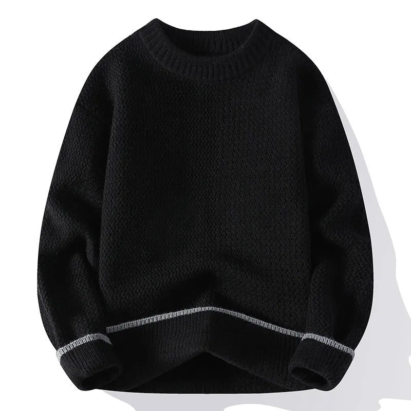 Men's loose fit knit sweater in polyester blend fabric showing round neck and long sleeve design