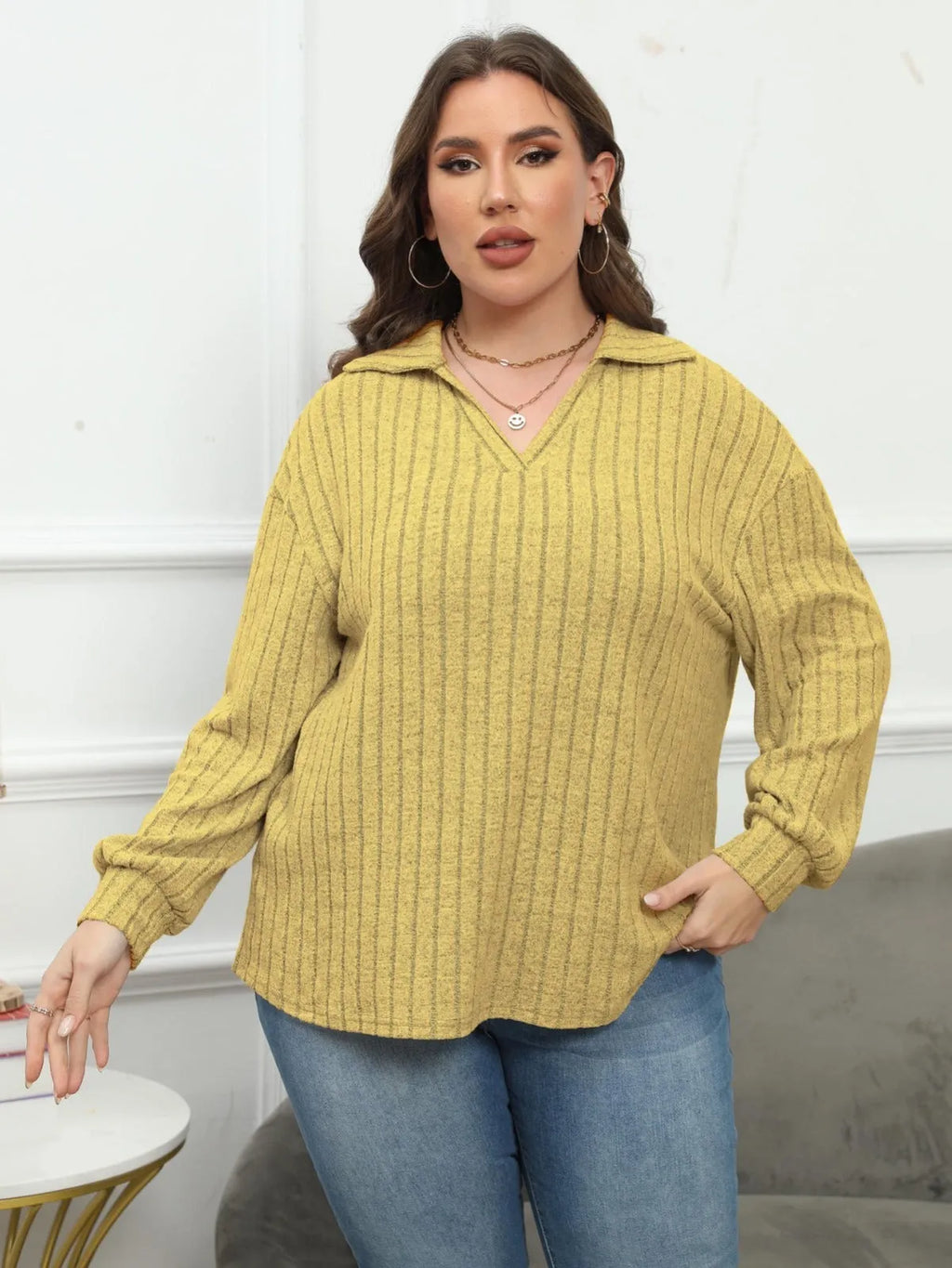 Women's plus size gray polo collar shirt with lantern sleeves in street fashion gothic style
