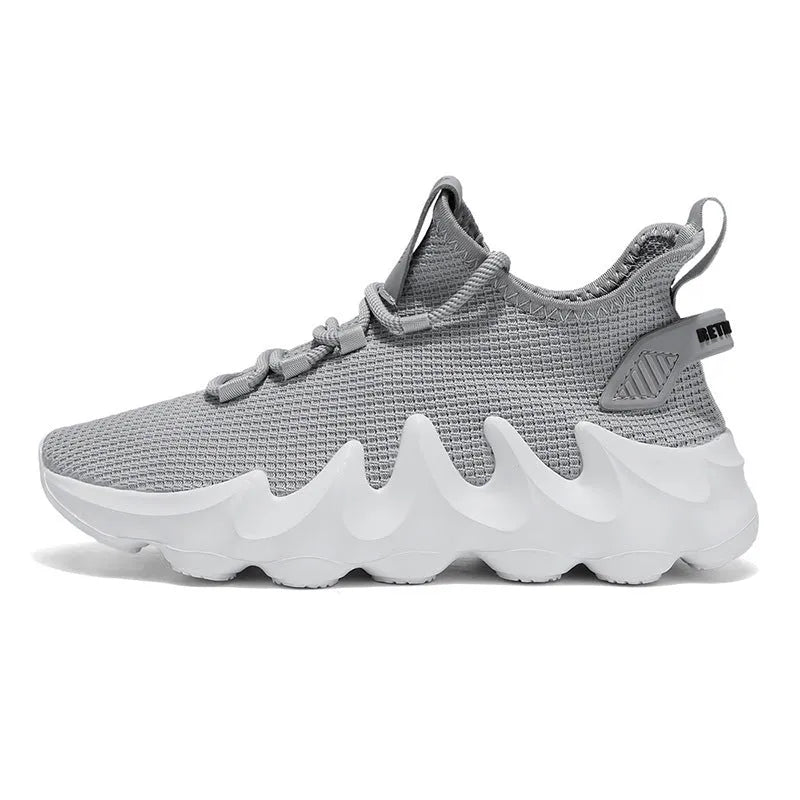 Men's black sock-like low-top lace-up shoes with round toe and flat rubber sole on white background
