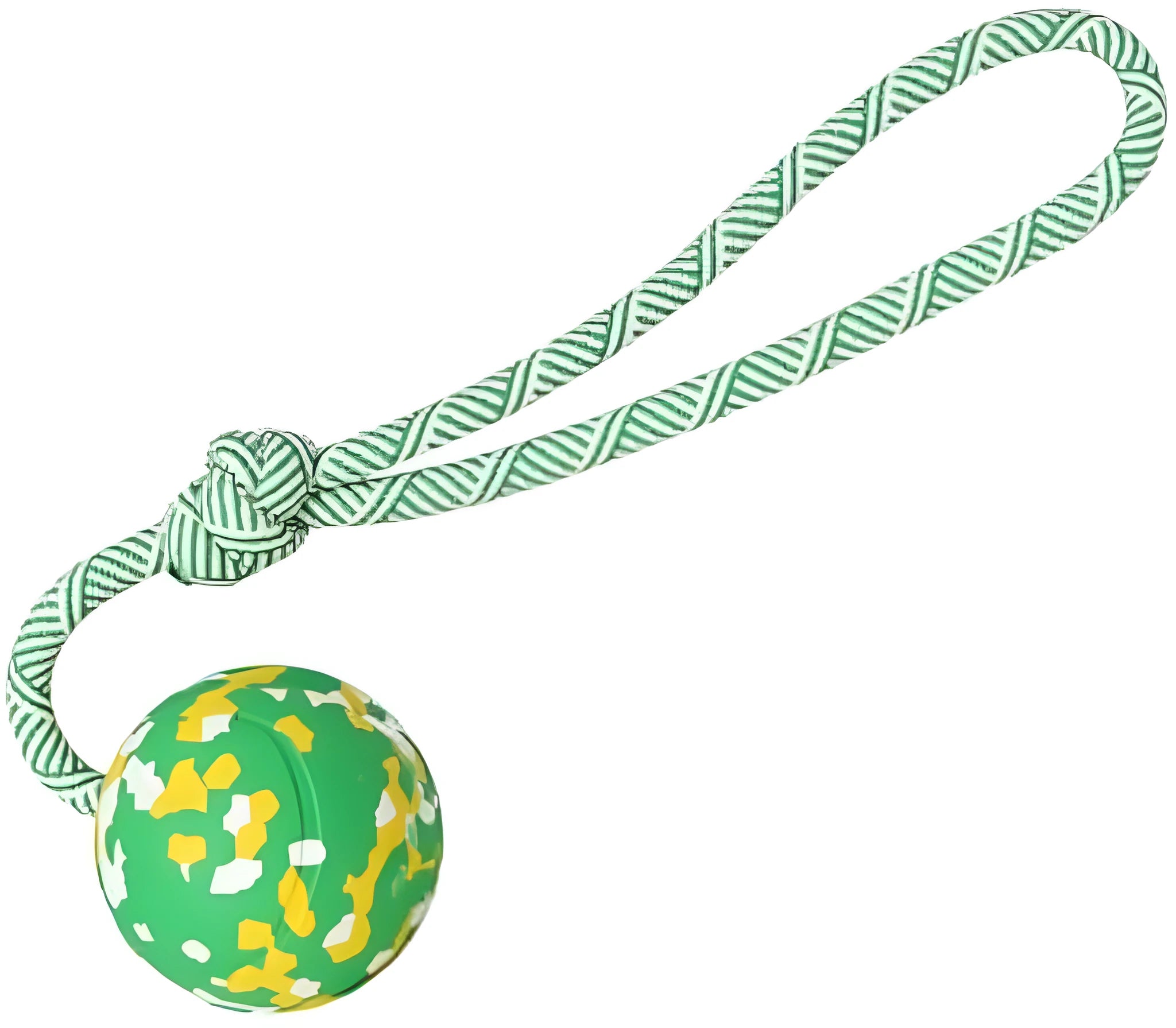 Natural rubber dog ball attached to a blue nylon rope for fetch and tug games.