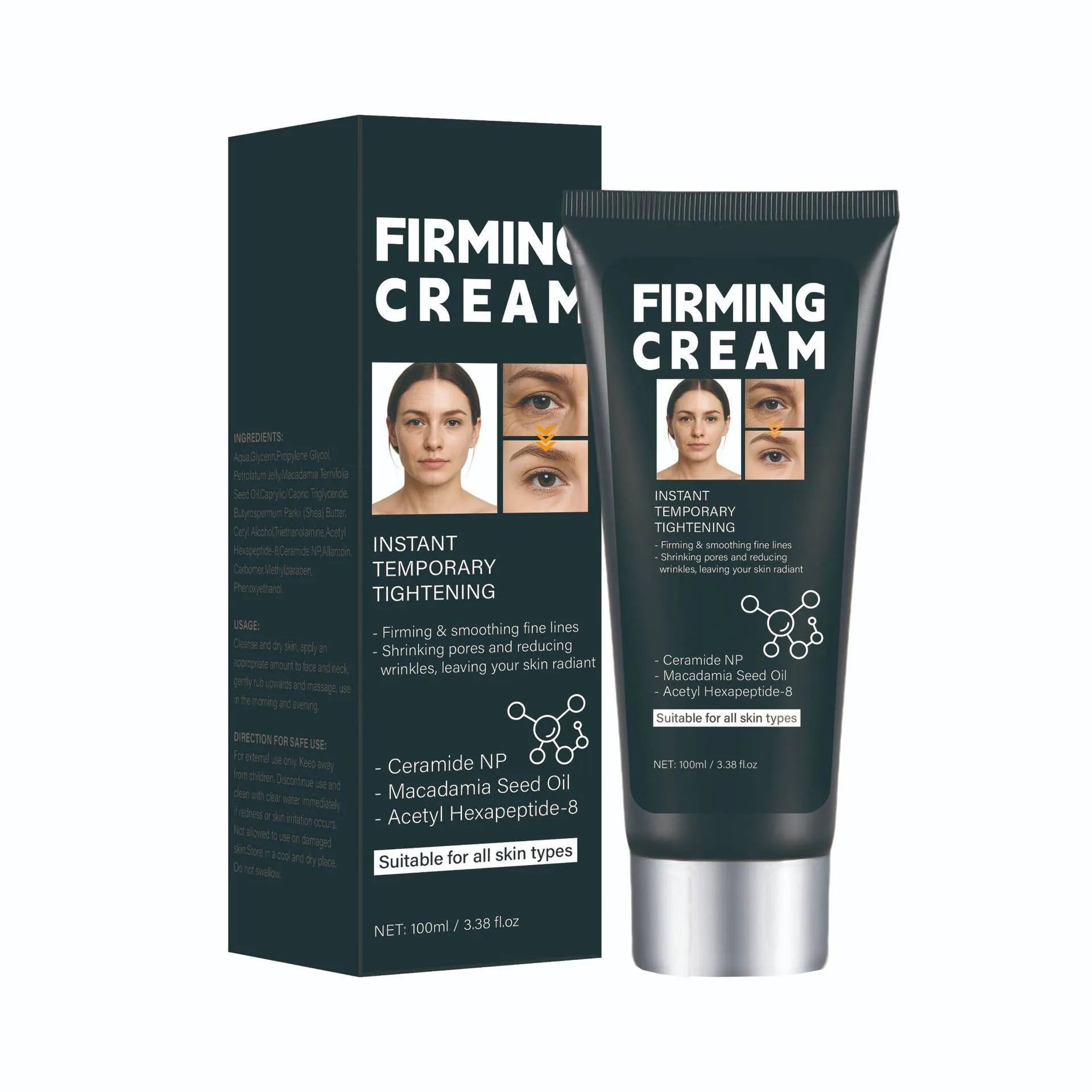 Compact neutral packaging facial firming cream 100ml pot on plain background