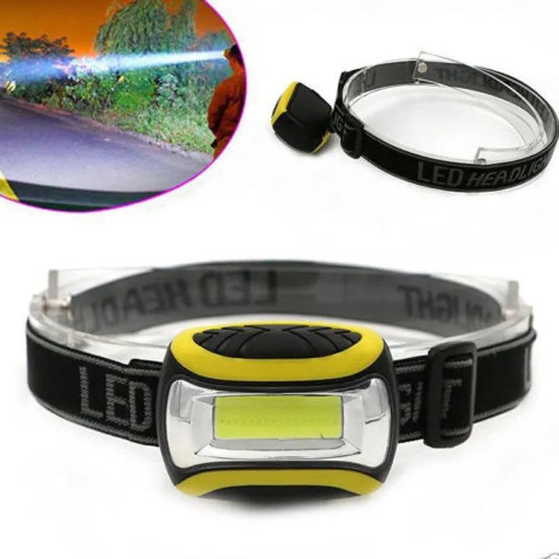 Yellow plastic three-speed COB LED headlamp for outdoor and work use.