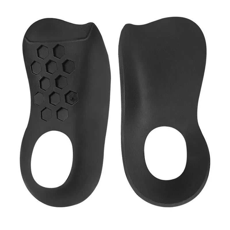 Varus correction arch support insoles in TPR material showing white, black and skin colour options