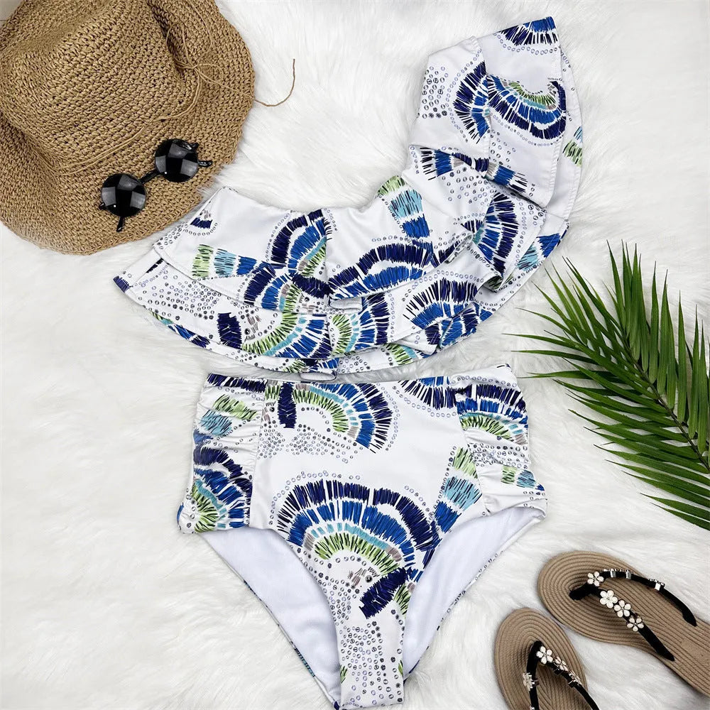 White women's one-shoulder swimsuit with lotus leaf split detail and double-layer construction