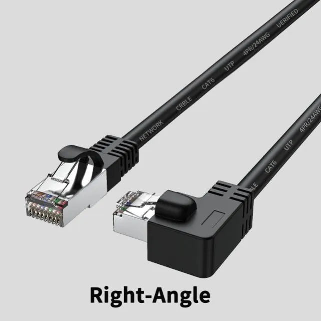 Cat6 Ethernet cable with right-angled metal RJ45 connectors in various colours including black, white, orange, and yellow.