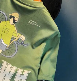 Green men's t-shirt with literary print design in loose fit with short sleeves