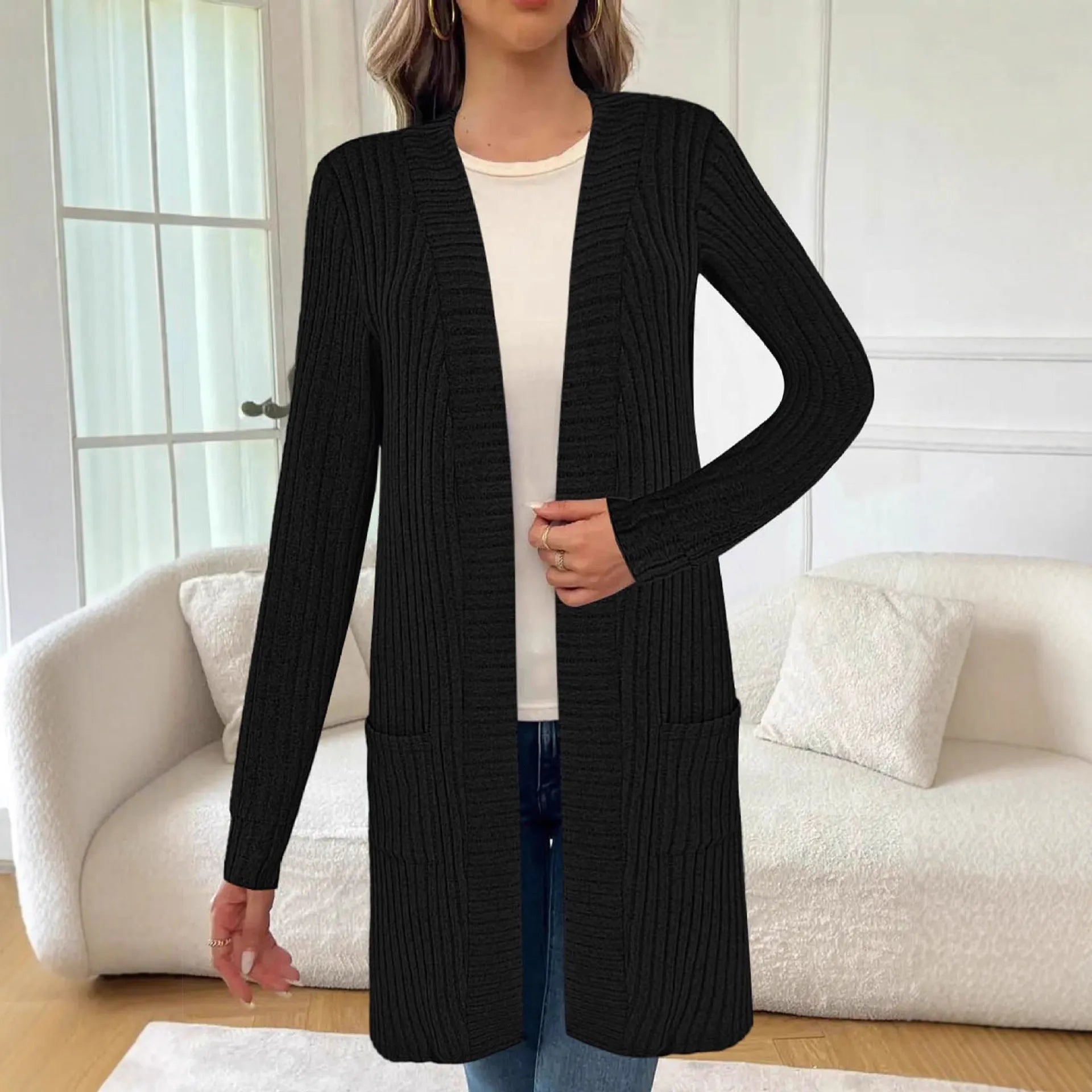 Long sleeve loose fit knitted cardigan jacket in black colour