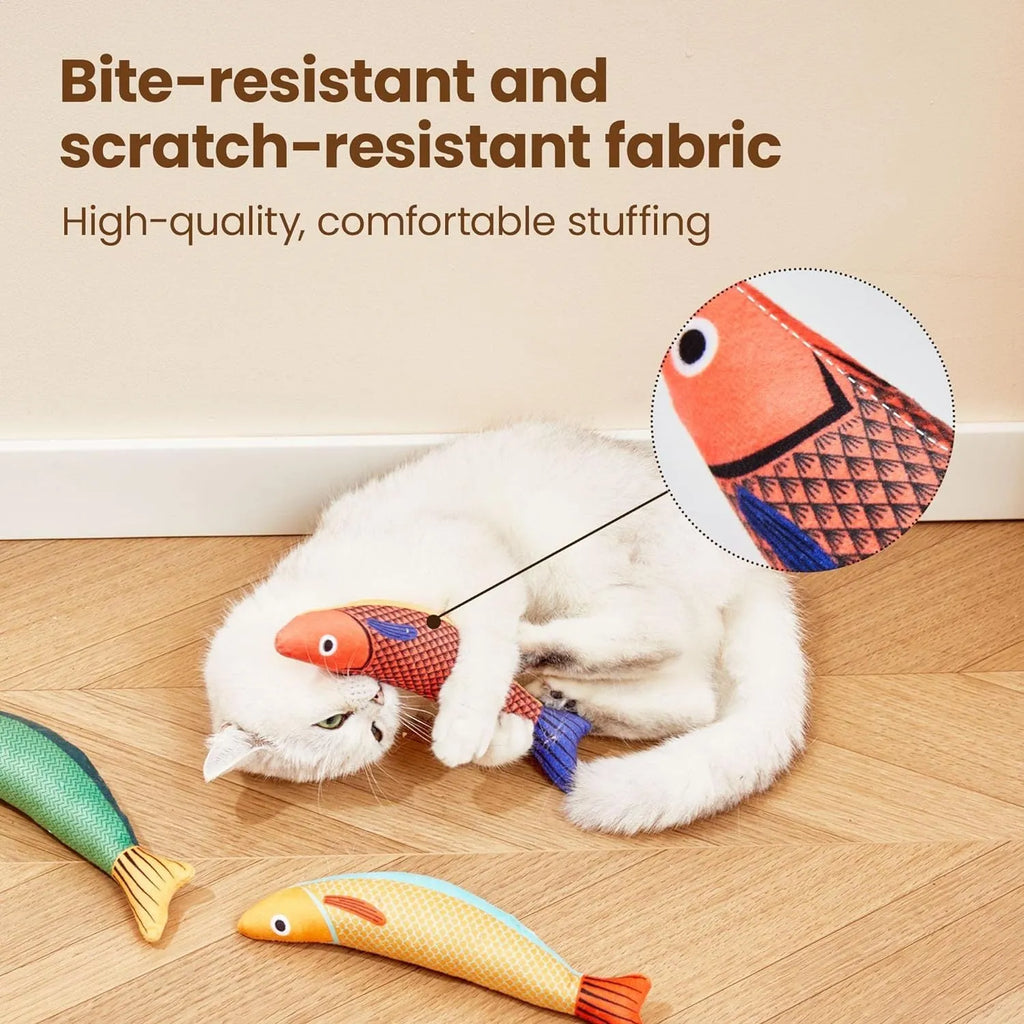 Soft plush fish-shaped cat toy with organic catnip filling in green, orange, or yellow colours