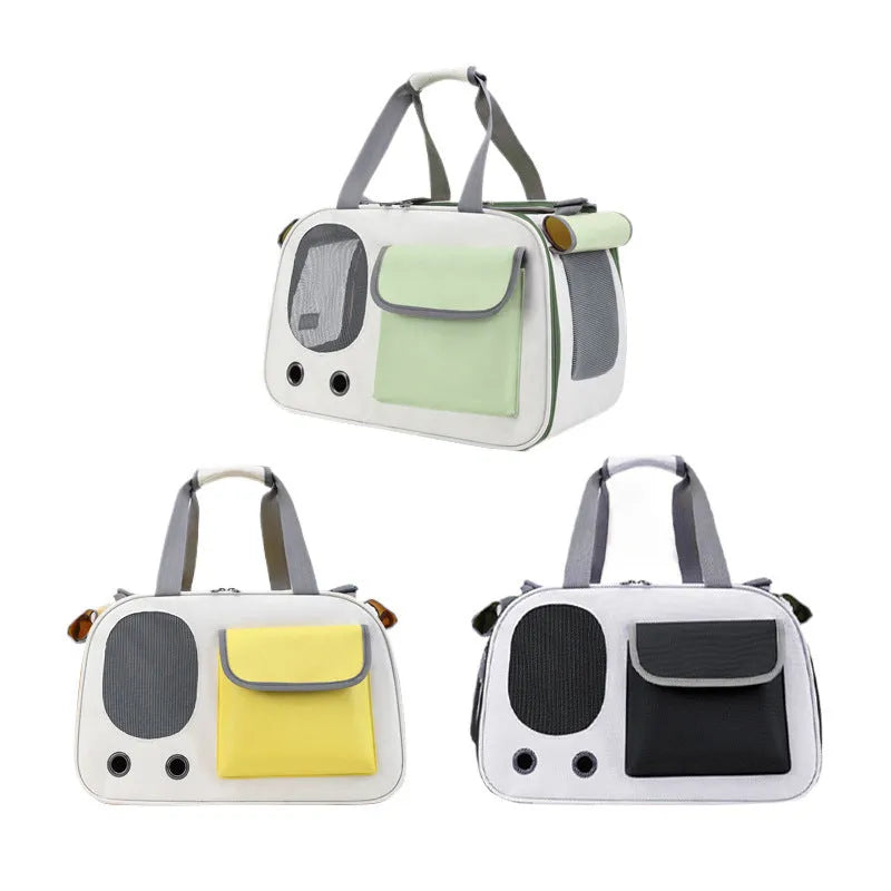 Foldable canvas pet carrier bag with shoulder strap shown in three colour options.