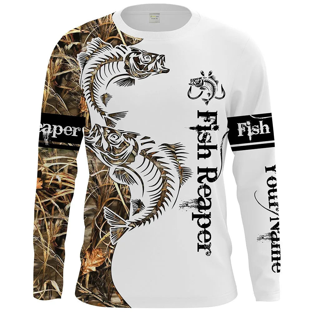 Men's grey round neck pullover top with a fish pattern print on the front.