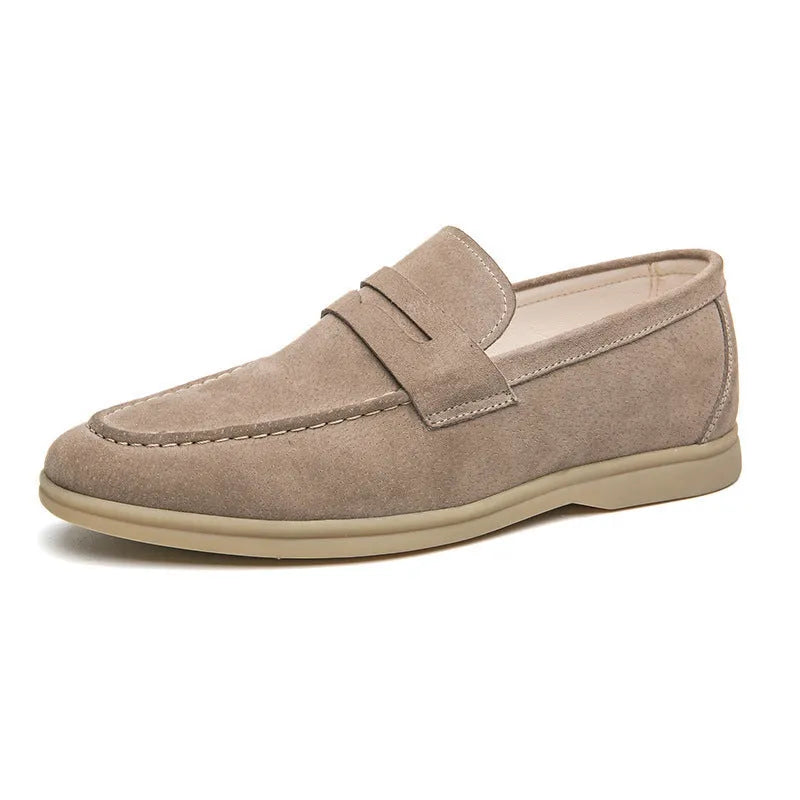 Men's leather slip-on casual shoes in black, beige or khaki with round toe and oversleeve design