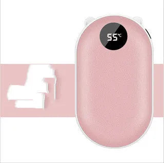 Rechargeable mini hand warmer and power bank device showing compact design with USB port and digital display