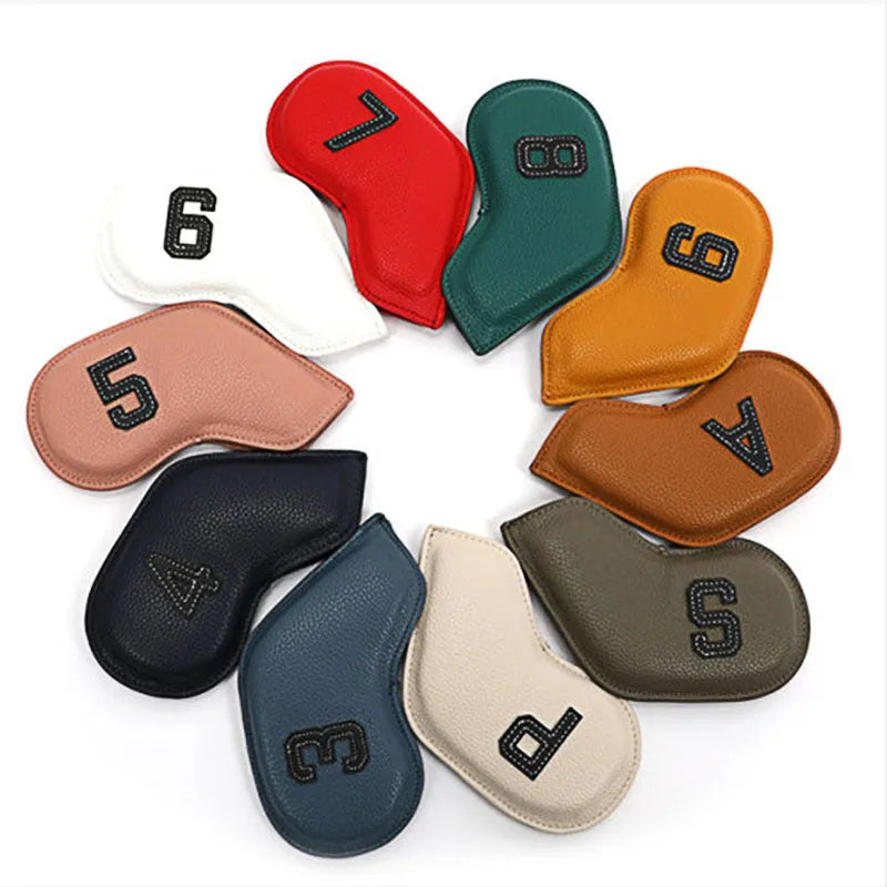 Set of ten digitally printed PU leather golf club head covers in assorted colours.