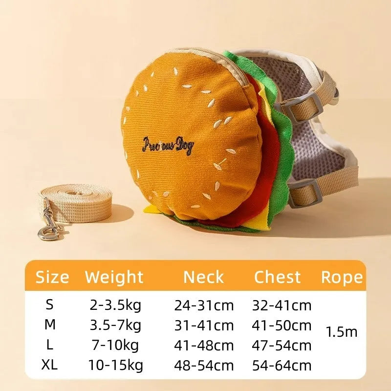Adjustable pet vest leash with cartoon hamburger design, shown on a dog.
