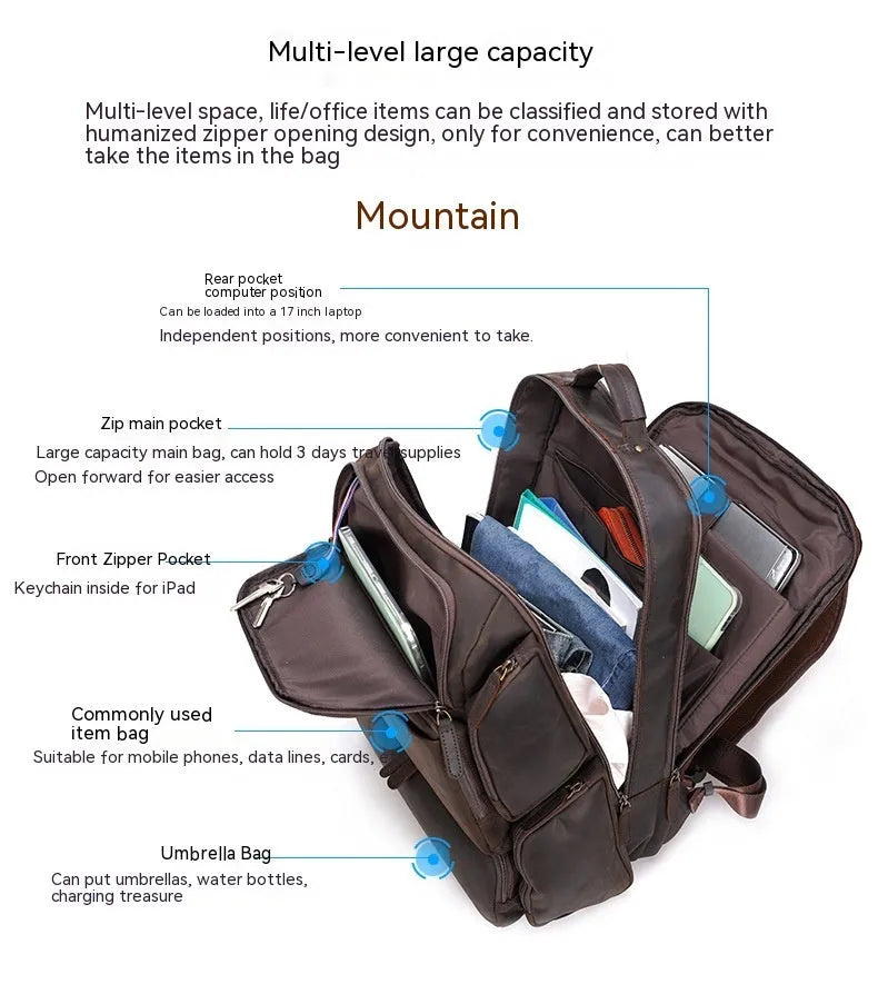 Dark brown Retro Crazy Horse leather backpack for a 17-inch laptop, showing embossed details and double straps.