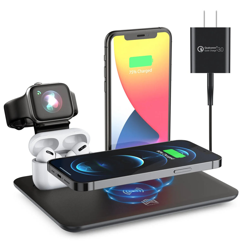 Black and white wireless charging desk station for phone, watch and headphones