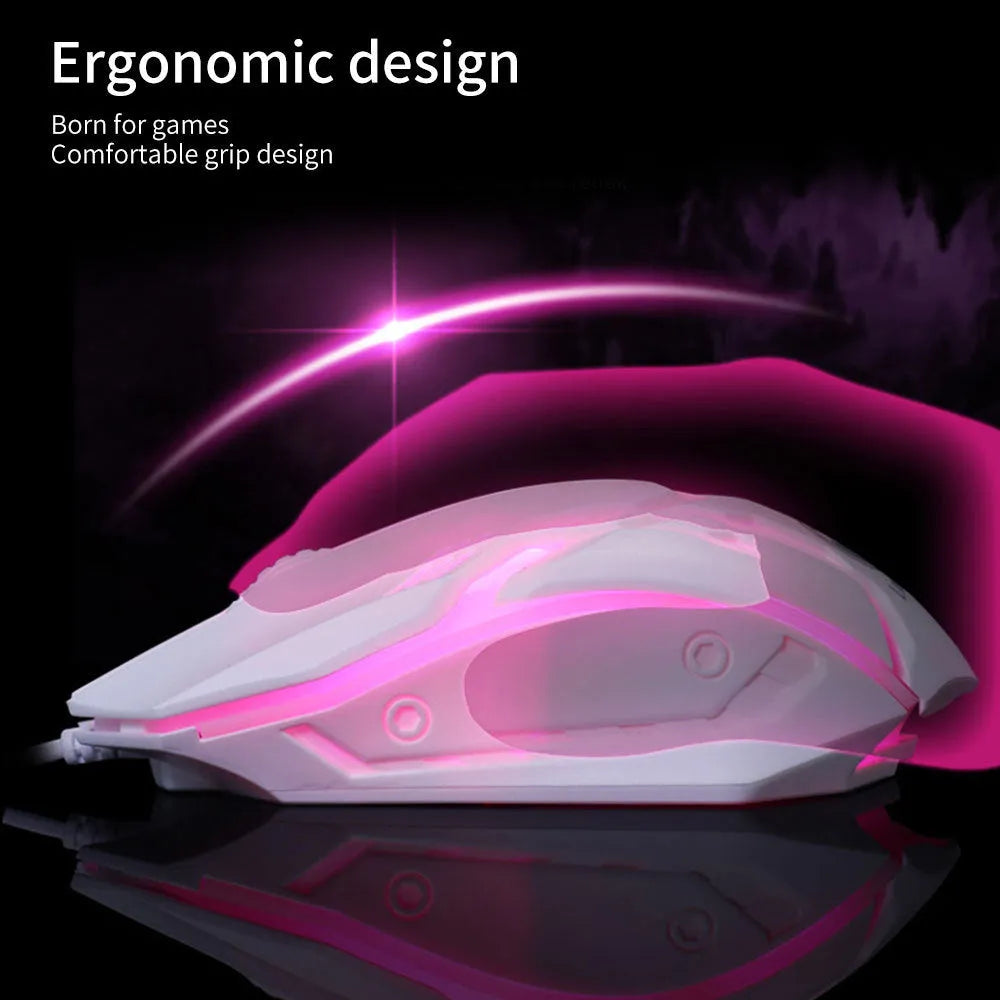 Wired LED computer mouse with glowing effects in black or white, showing 120mm size and USB cable