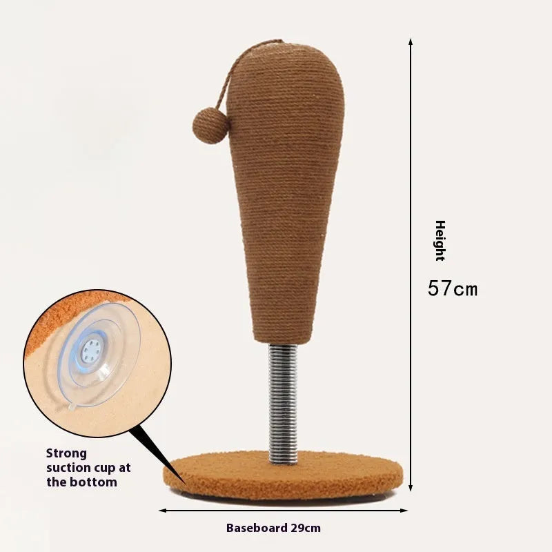 Hemp rope cat scratch board with attached ball toys in large and small size options.