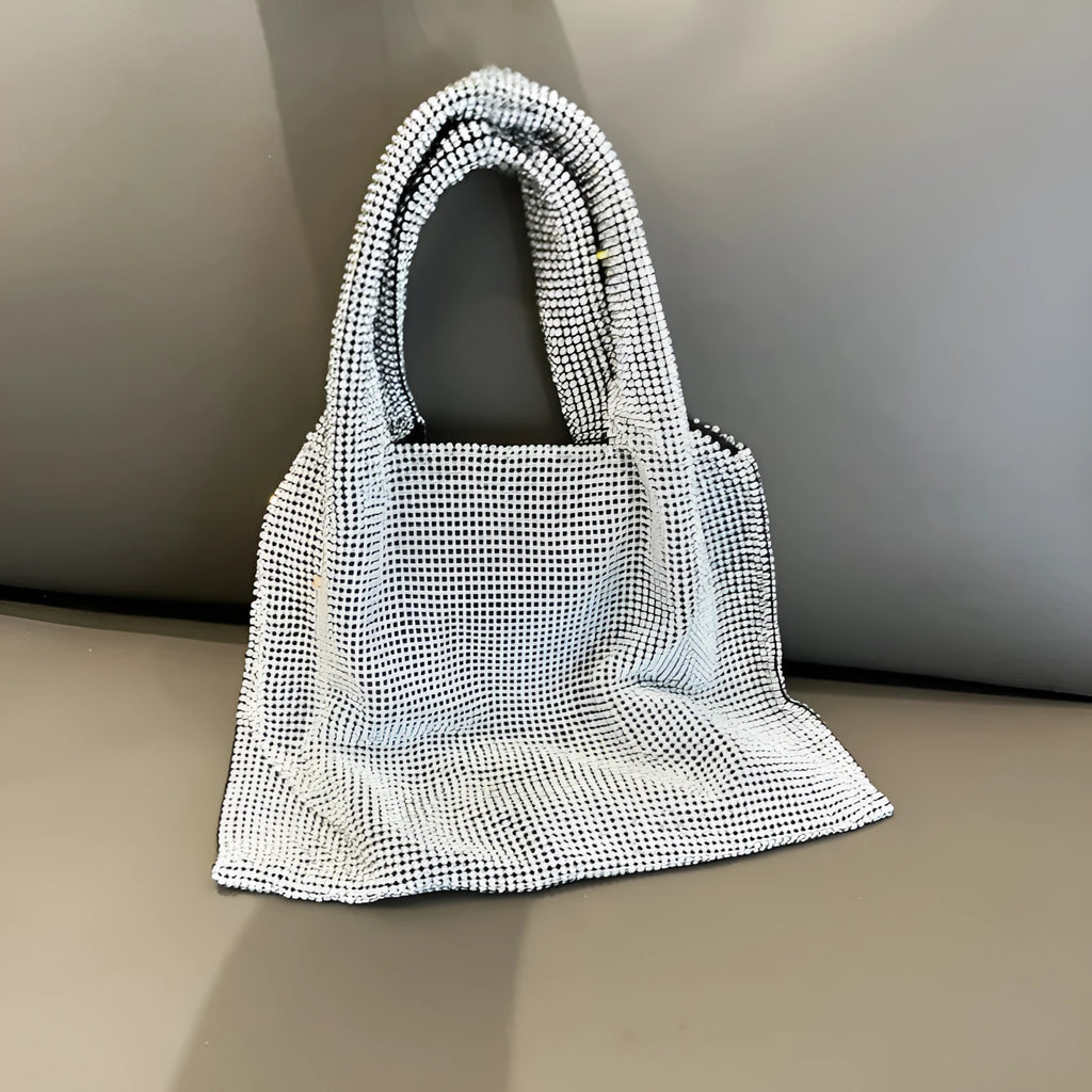 Shiny rhinestone handbag in silver colour, cotton thread construction, open pocket design for evening parties