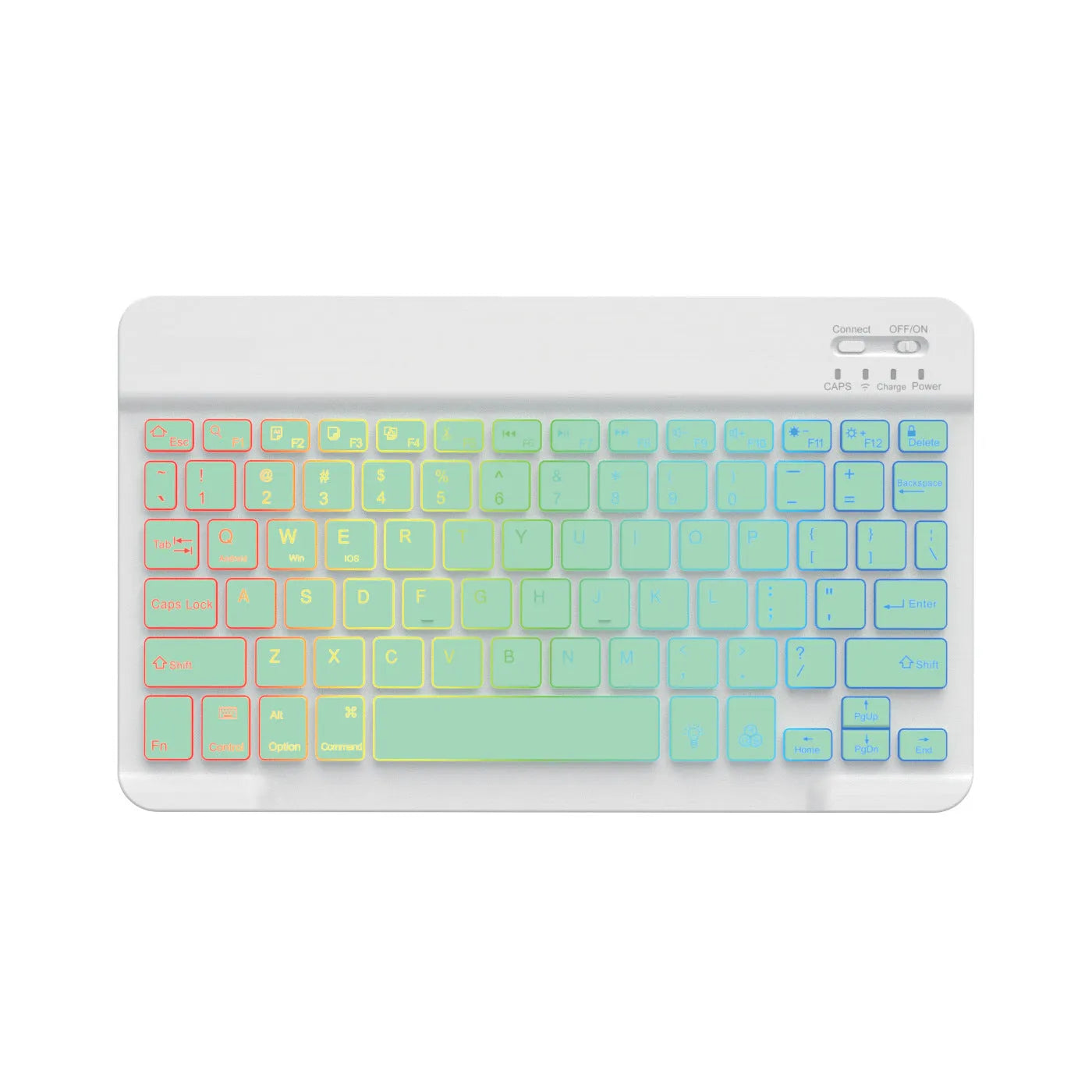 A 10-inch black Bluetooth keyboard with multi-colour LED backlit keys on a desk next to a tablet.