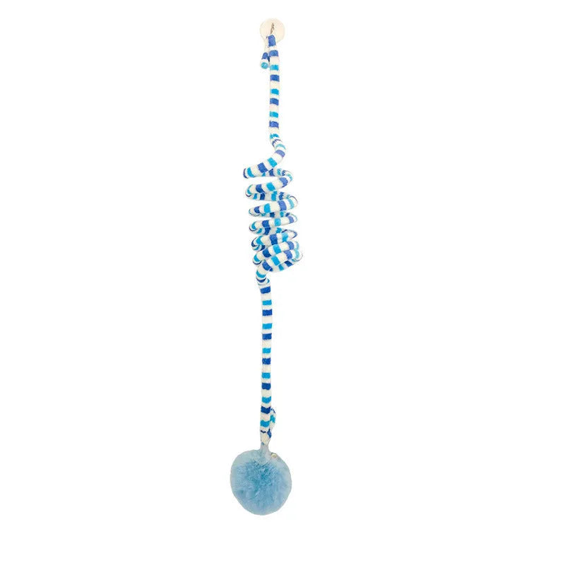 Hanging cat toy with suction cup, spring-mounted bell stick, and inflatable ball in multiple colour options
