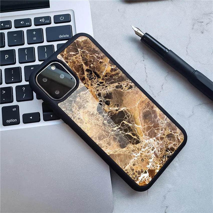 Marble phone case back cover with camouflage pattern on iPhone showing Black gold colour