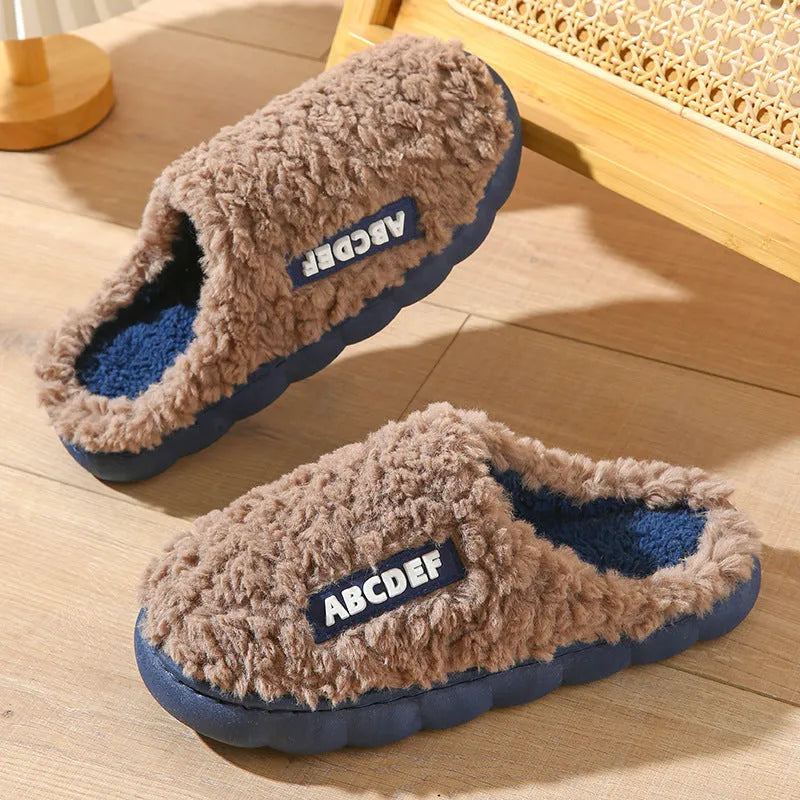 New Letter indoor non-slip thick-soled fur slippers in beige, plush upper, round toe, PVC sole, flat heel