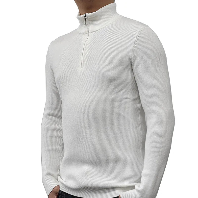 Man wearing a grey half turtleneck zipper sweater, a British style cotton blend pullover for spring.