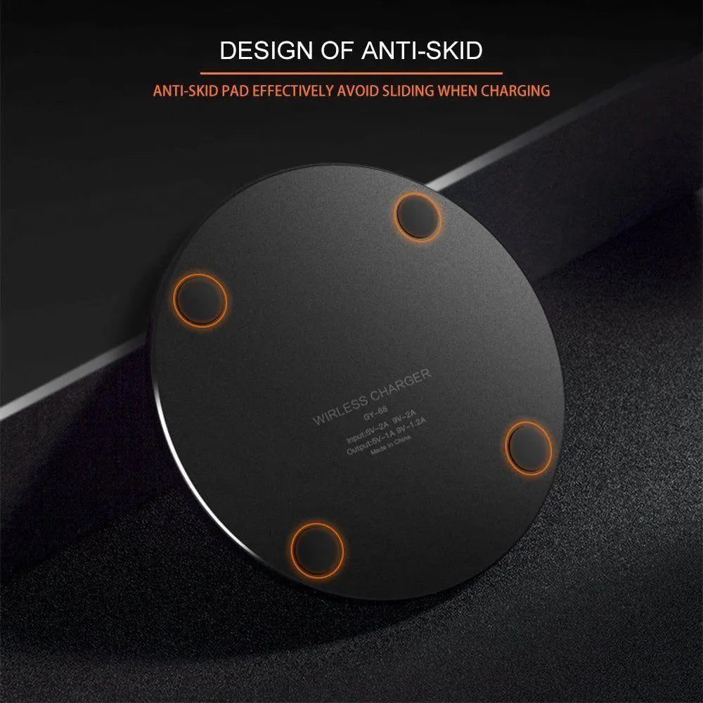 Ultra-thin black square wireless charging pad with 9V fast charging support