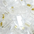 White RJ45 modular network connector with gold-plated three-fork contacts for Ethernet cable termination