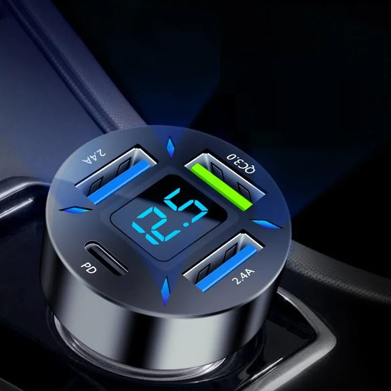 Four-port USB car charger with QC3.0 fast charging and LED voltage display for vehicles.