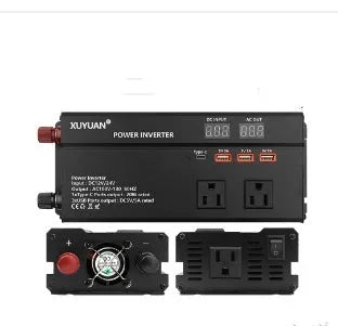 12V 24V to 110V 1200W on-board power inverter with LED display and air cooling, black, 26cm x 10cm x 5.5cm