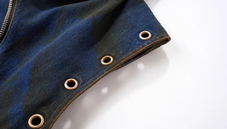 Blue hooded denim vest coat with matching trousers Korean style set