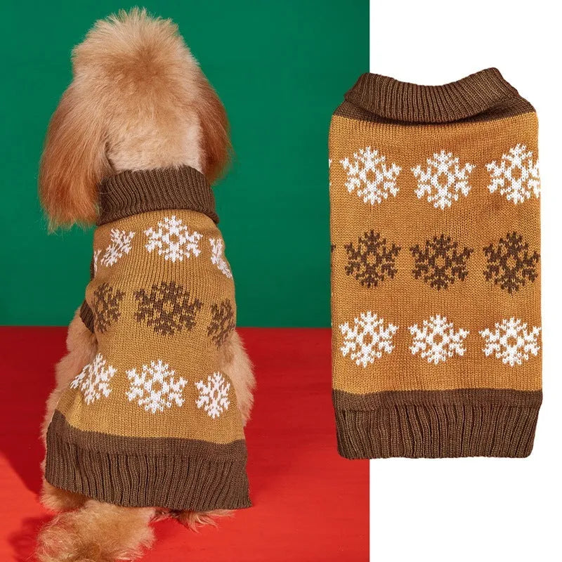 Grey and dark brown knitted acrylic dog Christmas sweater shown in various sizes from XXS to XL