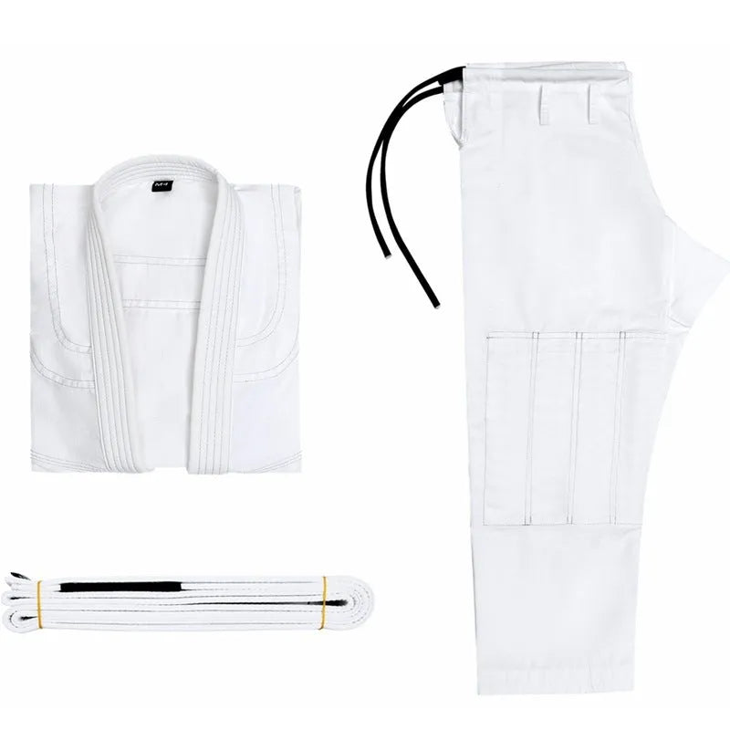 Brazilian Jiu-jitsu gi uniform set in cotton blend fabric showing colour options black, blue, gray, rose red, and white.