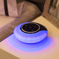 Bluetooth desk lamp with speaker showing folding design, touch controls, and LED lighting in plastic housing