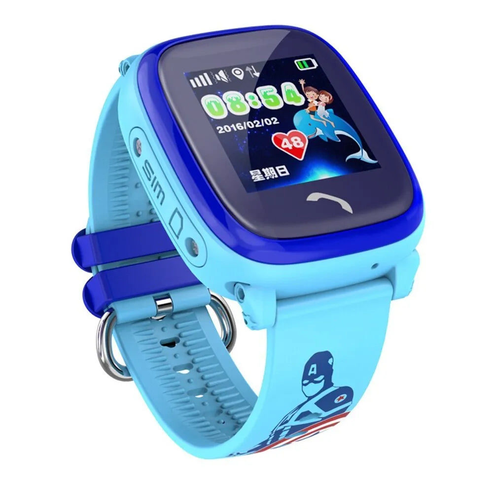 Blue DF25 children's waterproof smart watch with touch screen and silicone wristband on a wrist.