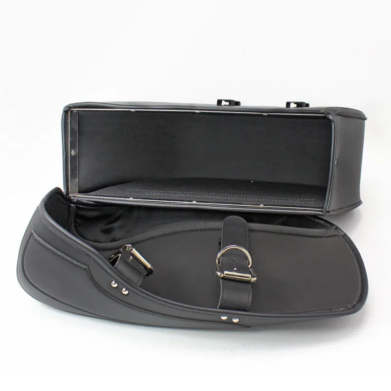 Retro motorcycle saddle bag in PU leather showing side box design with 42cm width