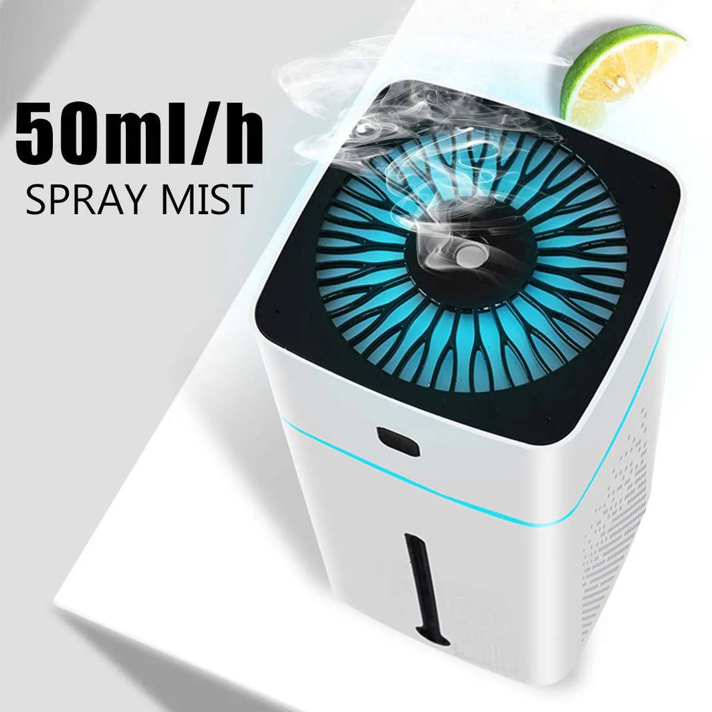 Black and white desktop humidifier with USB power, 1000ml tank, compact size for home office use.