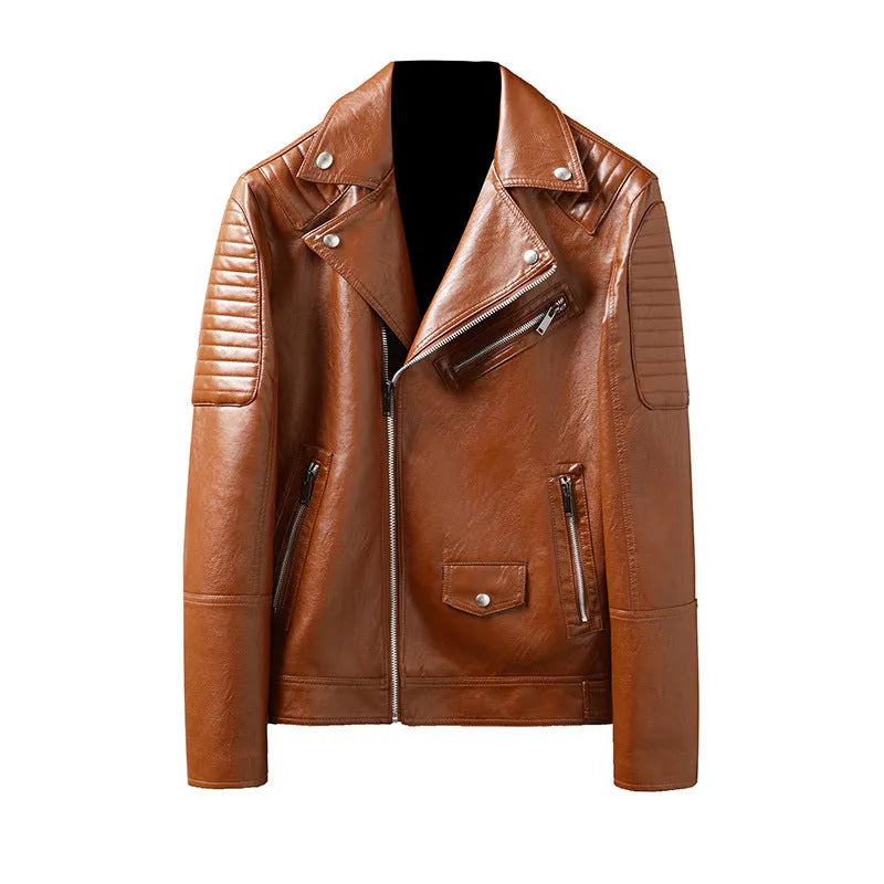 Men's slim-fitting PU biker leather jacket in black, zipper pockets, 50cm length