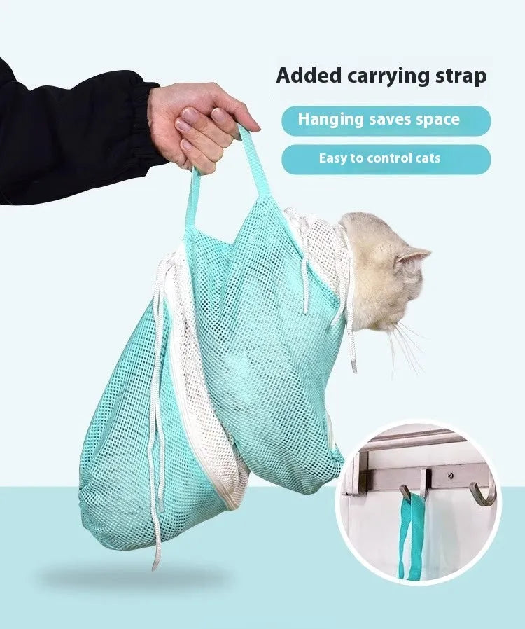 Upgraded 5th generation cat grooming bag in pink and white with integrated nail scissors.
