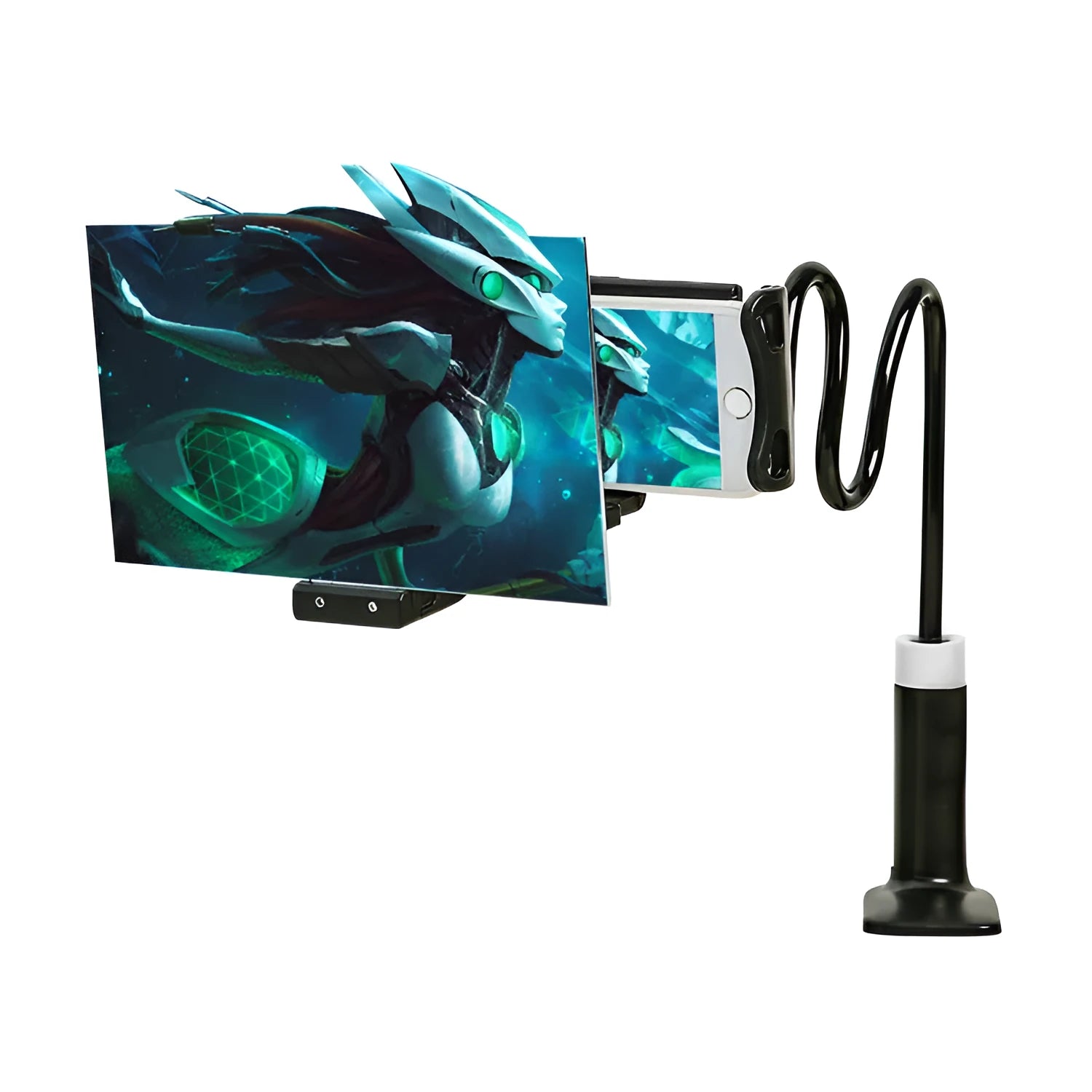 Black 12-inch mobile phone screen amplifier with adjustable folding bracket on table