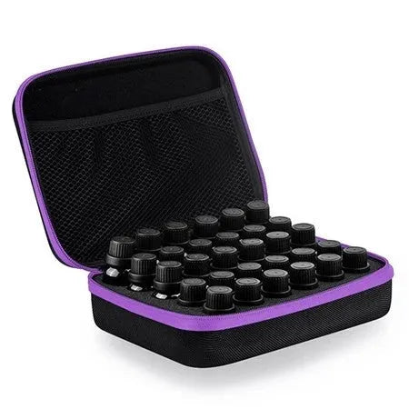 Red EVA essential oil storage bag with 30 open compartments for 15ml bottles.