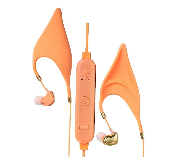 Cartoon elf ear headphones with 3.5mm plug and microphone in black, white, and yellow colour options
