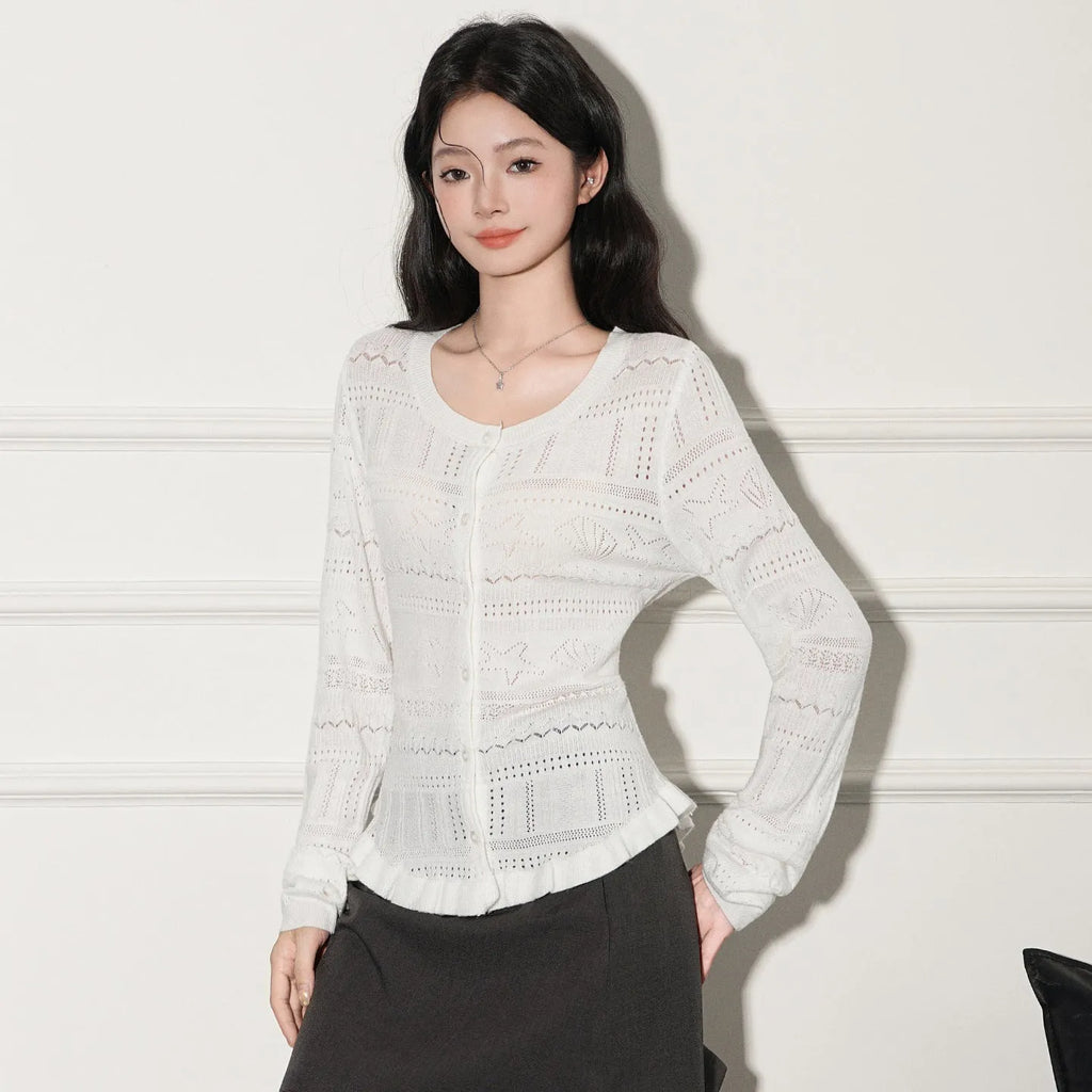 White hollow-out knit cardigan pullover slim fit women's regular length long sleeves