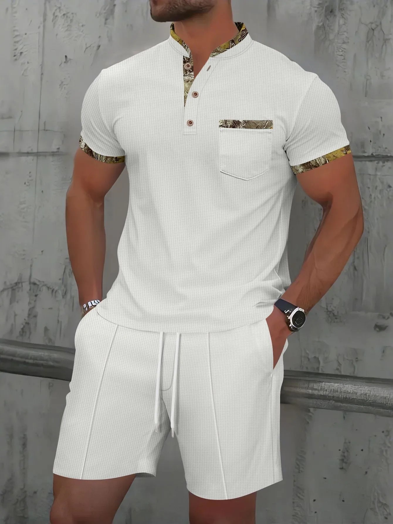 Men's grey waffle texture zipper polo collar short sleeve jacket and matching shorts set on a hanger.