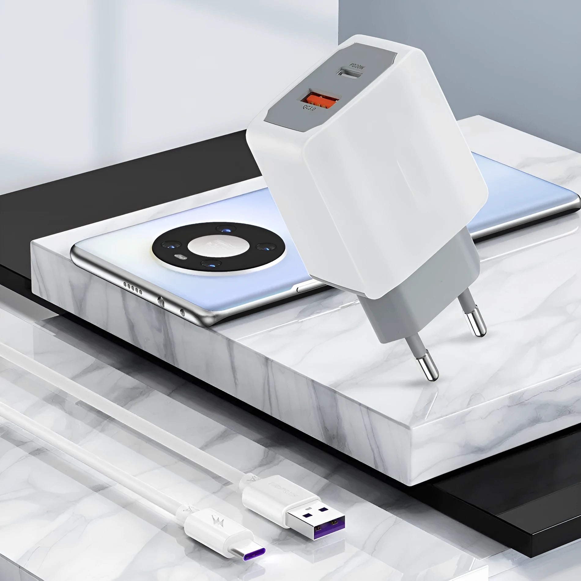 White European Standard fast charge phone charger set with compact dimensions